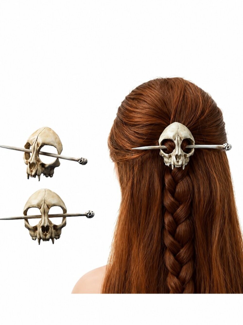 Cat Skull Hair Stick, Gothic Feline Skull Resin Bone Hair Slide Barrette for Wom